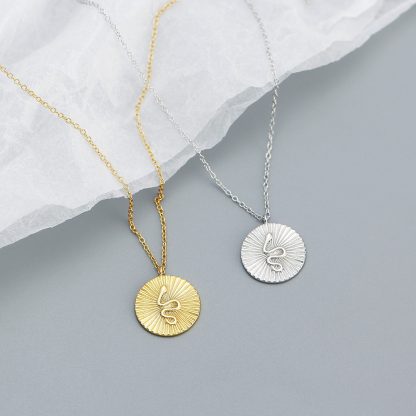 Snake Round Disc 925 Sterling Silver Sunburst Texture Coin Chain Pendant Necklace