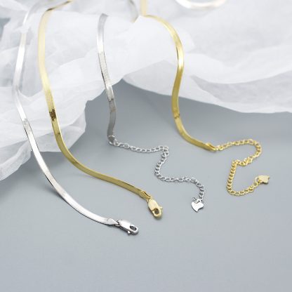 Minimalist Flat Herringbone Snake Chain Pure Metal 925 Sterling Silver Choker Necklace