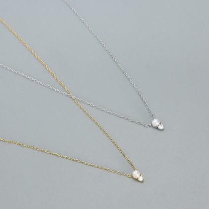 Mini Pearl And Clear Cubic Zirconia Pendant Necklace 925 Sterling Silver Delicate Clavicle Chain Adjustable Necklace For Women Minimalist Elegant Fashion Daily Wear Anniversary Gift Jewelry