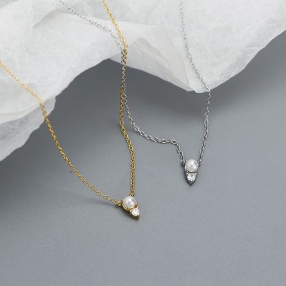 Mini Pearl And Clear Cubic Zirconia Pendant Necklace 925 Sterling Silver Delicate Clavicle Chain Adjustable Necklace For Women Minimalist Elegant Fashion Daily Wear Anniversary Gift Jewelry