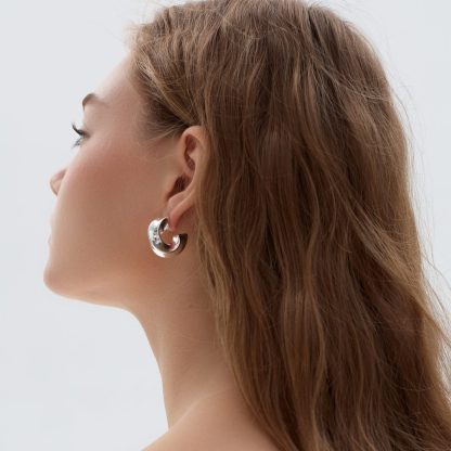 Exaggerated Hollow Chunky Statement Jewelry Electroforming Classic Twisted C Shape 999 Sterling Silver Hoop Earrings