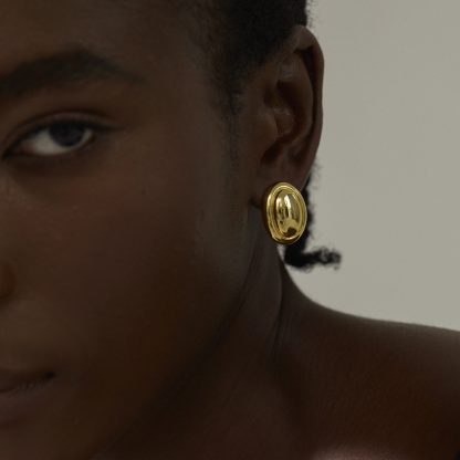 Everyday Fashion Chunky Jewelry Sleek 999 Pure Silver Simple Yellow gold-plated Oval Bean Electroforming Large Lightweight Women Stud Earrings