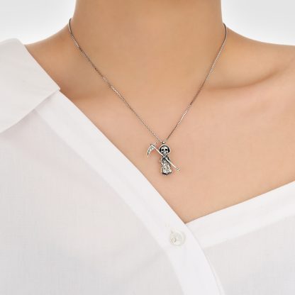 Vintage A Skeleton Holding A Sickle 925 Sterling Silver Necklace
