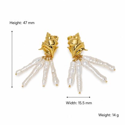 18K gold-plated Ocean Statement Jewelry Baroque Pearl Tassel Drop 925 Sterling Silver Conch Shell Stud Earrings