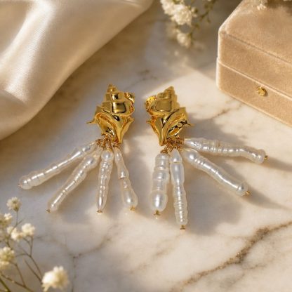 18K gold-plated Ocean Statement Jewelry Baroque Pearl Tassel Drop 925 Sterling Silver Conch Shell Stud Earrings