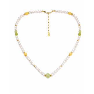 Cream White Pearl Warm Yellow Natural Jade Beaded Strand 925 Sterling Silver Necklace