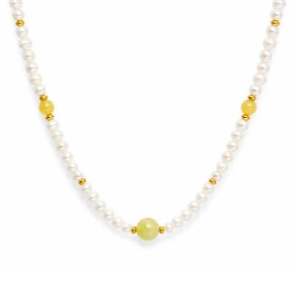 Cream White Pearl Warm Yellow Natural Jade Beaded Strand 925 Sterling Silver Necklace