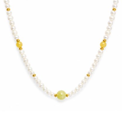 Cream White Pearl Warm Yellow Natural Jade Beaded Strand 925 Sterling Silver Necklace