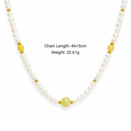 Cream White Pearl Warm Yellow Natural Jade Beaded Strand 925 Sterling Silver Necklace