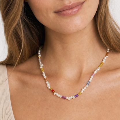 Boho Colorful Faceted Gemstone Irregular Freshwater Pearl Beaded Adjustable Fine Jewelry 925 Sterling Silver Necklace
