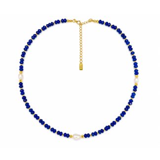 Elegant Royal Blue Faceted Agate Baroque Freshwater Pearl Beaded Adjustable 925 Sterling Silver Necklace