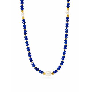 Elegant Royal Blue Faceted Agate Baroque Freshwater Pearl Beaded Adjustable 925 Sterling Silver Necklace