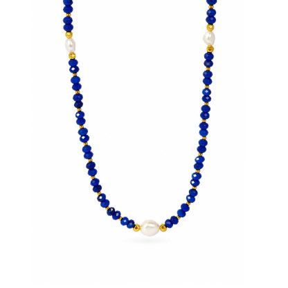 Elegant Royal Blue Faceted Agate Baroque Freshwater Pearl Beaded Adjustable 925 Sterling Silver Necklace