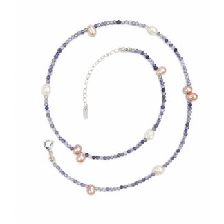 Soft Pastel Pink White Irregular Baroque Pearl Natural Grey Gemstone Beaded Strand 925 Sterling Silver Necklace