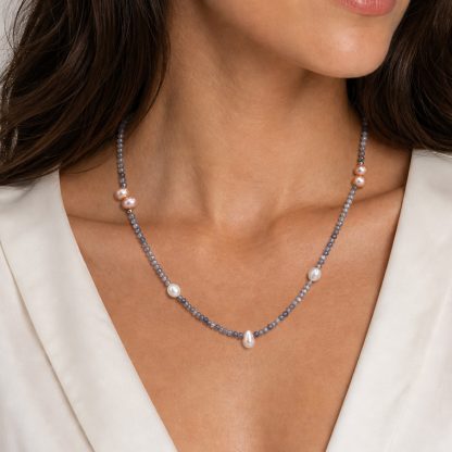 Soft Pastel Pink White Irregular Baroque Pearl Natural Grey Gemstone Beaded Strand 925 Sterling Silver Necklace