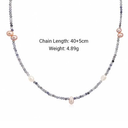 Soft Pastel Pink White Irregular Baroque Pearl Natural Grey Gemstone Beaded Strand 925 Sterling Silver Necklace