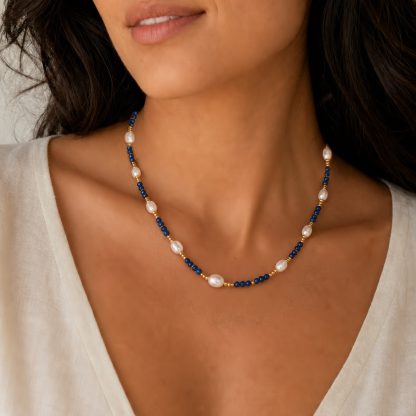 Elegant Deep Blue Agate Irregular Pearl Beaded Strand Fashion Jewellery Gift 925 Sterling Silver Necklace