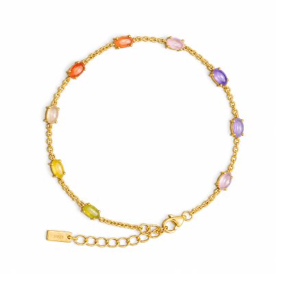 Delicate Multicolor Oval Cabochon CZ Delicate S925 Sterling Silver Chain Link Bracelet