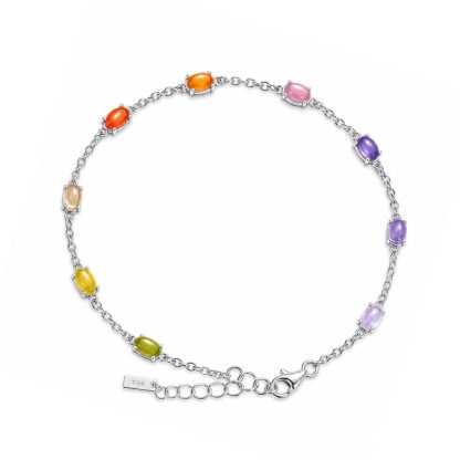 Delicate Multicolor Oval Cabochon CZ Delicate S925 Sterling Silver Chain Link Bracelet