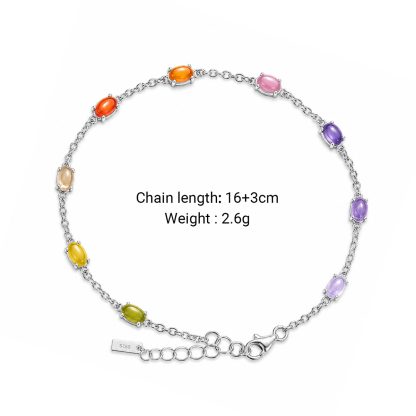 Delicate Multicolor Oval Cabochon CZ Delicate S925 Sterling Silver Chain Link Bracelet