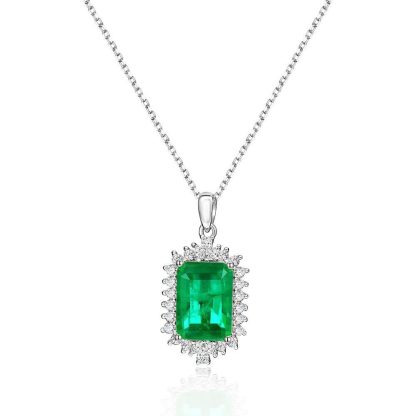 Emerald Green Rectangular Synthetic Emerald Zircon Halo S925 Sterling Silver Pendant Necklace