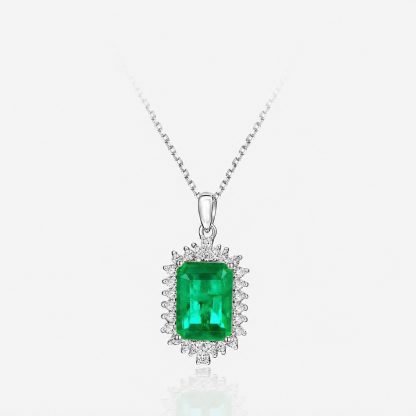 Emerald Green Rectangular Synthetic Emerald Zircon Halo S925 Sterling Silver Pendant Necklace