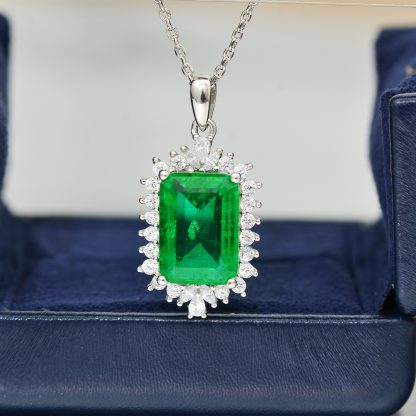 Emerald Green Rectangular Synthetic Emerald Zircon Halo S925 Sterling Silver Pendant Necklace
