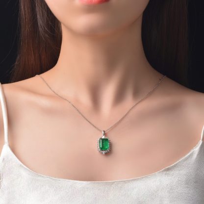 Emerald Green Rectangular Synthetic Emerald Zircon Halo S925 Sterling Silver Pendant Necklace