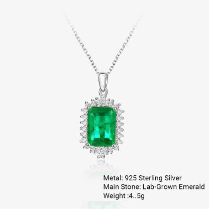 Emerald Green Rectangular Synthetic Emerald Zircon Halo S925 Sterling Silver Pendant Necklace