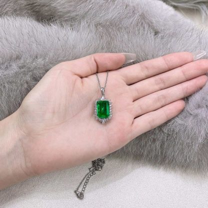 Emerald Green Rectangular Synthetic Emerald Zircon Halo S925 Sterling Silver Pendant Necklace