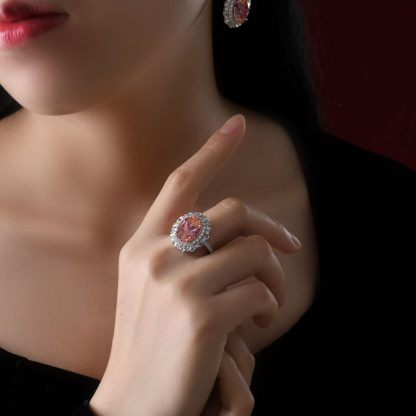 Pink Oval Zirconia Set 925 Sterling Silver Fashion Cocktail Ring