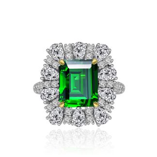 Green Emerald Cut Synthetic Emerald Zirconia Crown Halo S925 Silver Ring
