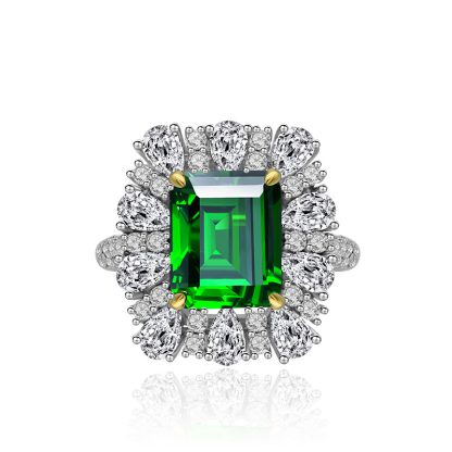 Green Emerald Cut Synthetic Emerald Zirconia Crown Halo S925 Silver Ring