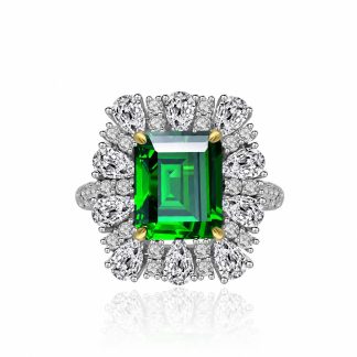Green Emerald Cut Synthetic Emerald Zirconia Crown Halo S925 Silver Ring
