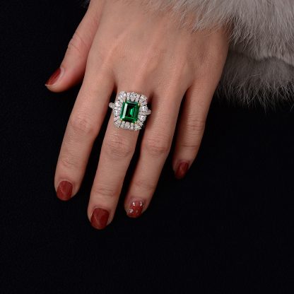 Green Emerald Cut Synthetic Emerald Zirconia Crown Halo S925 Silver Ring