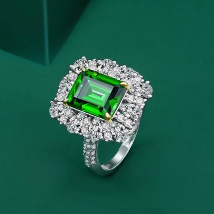 Green Emerald Cut Synthetic Emerald Zirconia Crown Halo S925 Silver Ring
