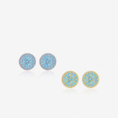 Round Turquoise Natural Stone 925 Sterling Silver Stud Earrings