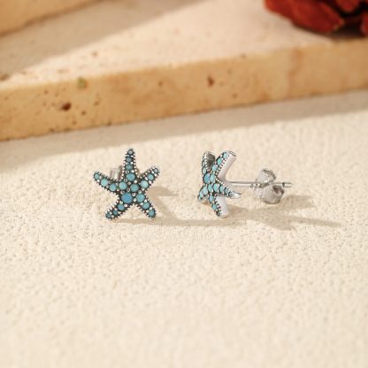 Retro Star Shaped Synthetic Turquoise 925 Sterling Silver Ocean Earrings
