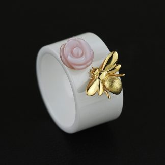 Fashion Pink Rose 925 Sterling Silver Bee Flower Ceramic Ring  US 6