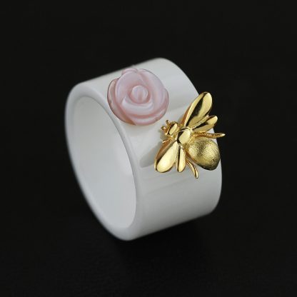 Fashion Pink Rose 925 Sterling Silver Bee Flower Ceramic Ring  US 8