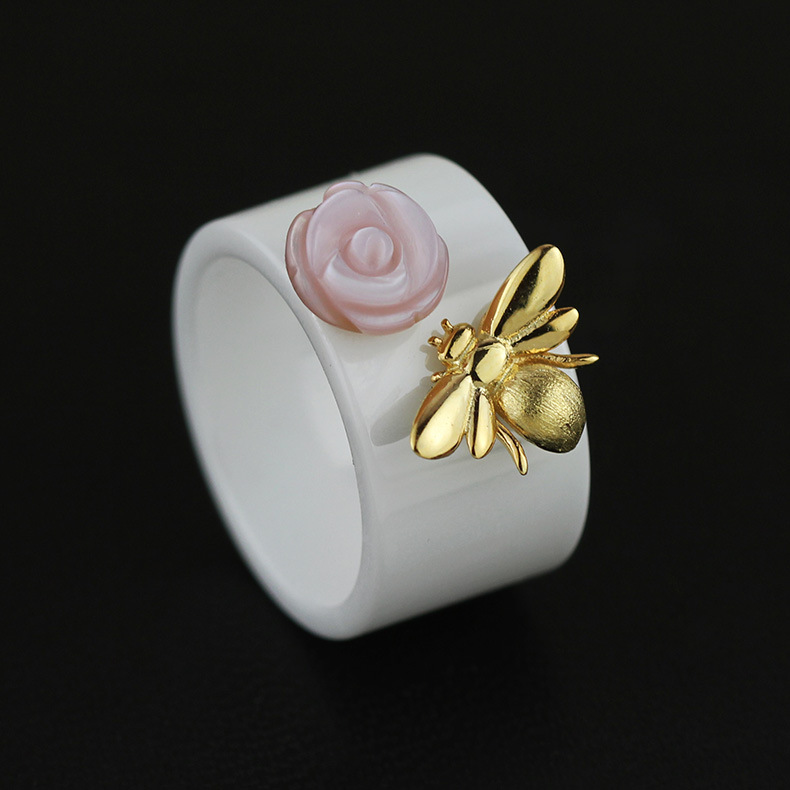Fashion Pink Rose 925 Sterling Silver Bee Flower Ceramic Ring  US 8