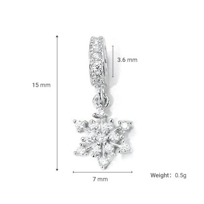 Snowflake Design Cubic Zirconia 925 Sterling Silver Charm Pendant with Micro Setting for DIY Bracelet Necklace Jewelry Making Elegant Fashion Accessory