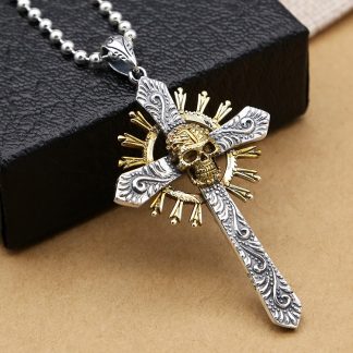 Vintage Yellow Skeleton Skull Sun Cross 925 Sterling Silver Men Pendant