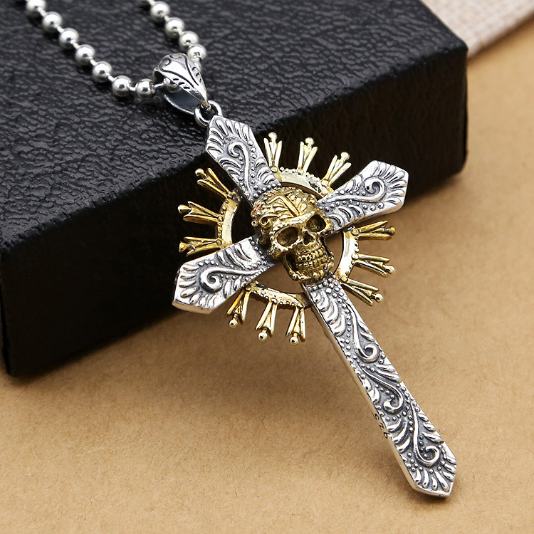 Vintage Yellow Skeleton Skull Sun Cross 925 Sterling Silver Men Pendant