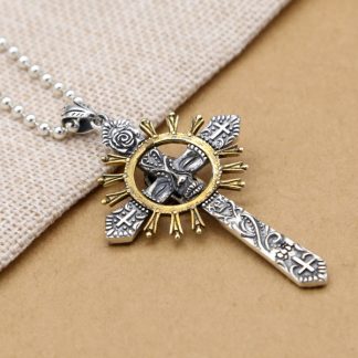 Vintage Yellow Skeleton Skull Sun Cross 925 Sterling Silver Men Pendant