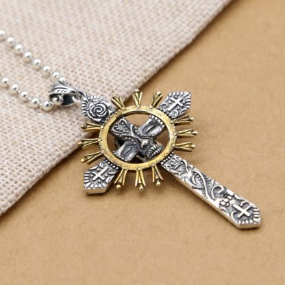 Vintage Yellow Skeleton Skull Sun Cross 925 Sterling Silver Men Pendant