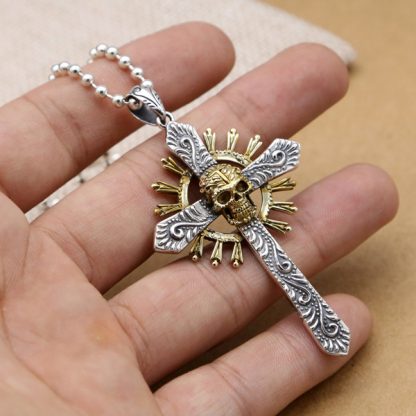 Vintage Yellow Skeleton Skull Sun Cross 925 Sterling Silver Men Pendant