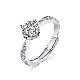 Wedding Classic Four Claw Round Moissanite CZ 25 Sterling Silver Adjustable Ring