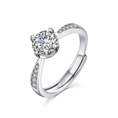 Wedding Classic Four Claw Round Moissanite CZ 25 Sterling Silver Adjustable Ring