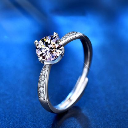 Wedding Classic Four Claw Round Moissanite CZ 25 Sterling Silver Adjustable Ring